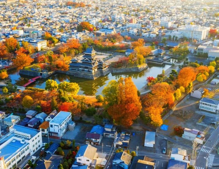 Aerial view of Matsumoto Castle and its double moat, Nagano